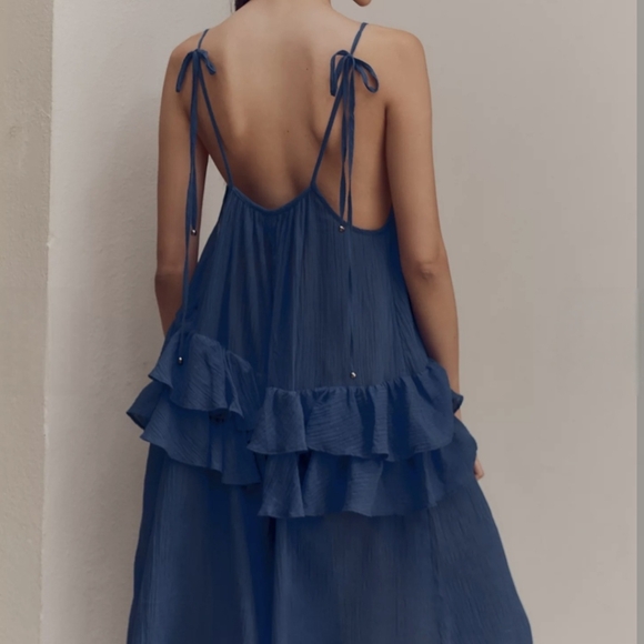 Anthro Celandine Tie Strap Ruffled Gauze Wide Leg Jumpsuit - Picture 2 of 9